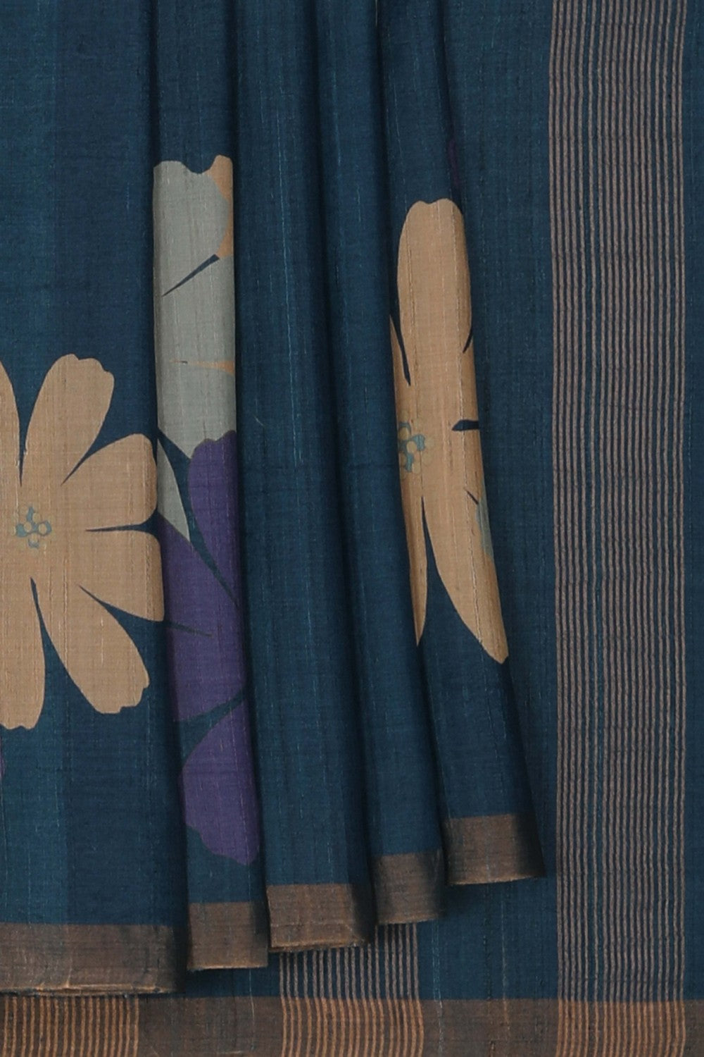 Image of Floral Printed Tussar Silk Blue Saree